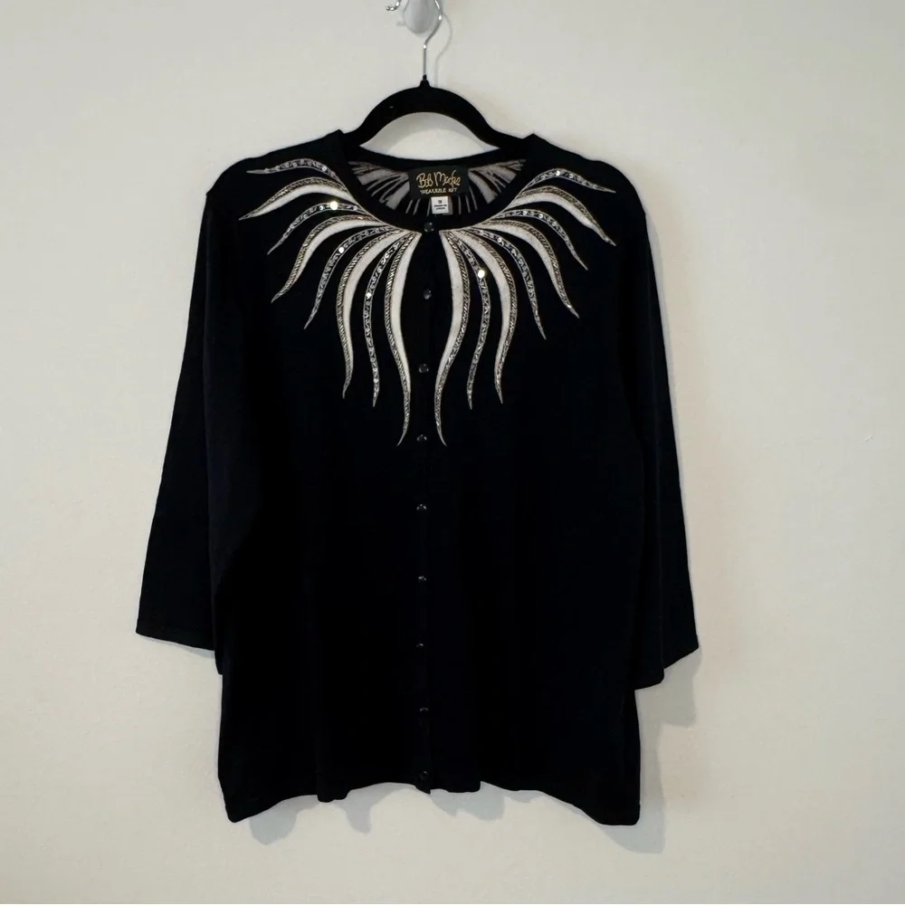 Bob Mackie Wearable Art Black Embellished Cardigan Top – Women’s 1X